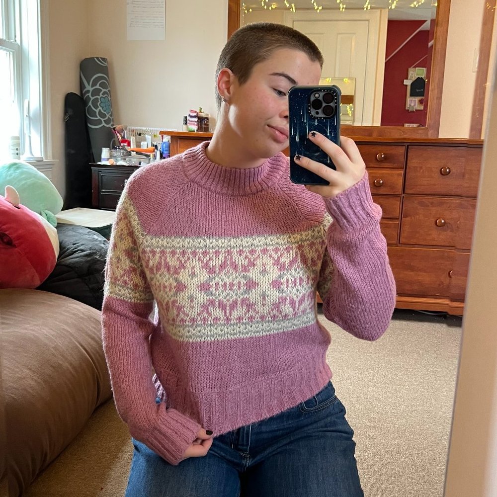 Pink Mock-Neck Fair Isle Knit Sweater Size M